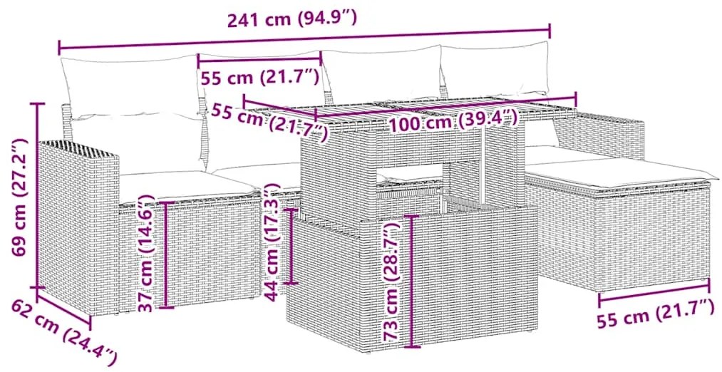 6 pcs conjunto de sofás p/ jardim com almofadões vime PE bege