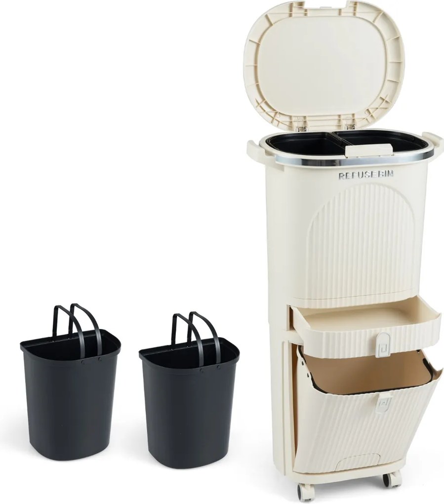 Caixote do lixo de 42 L com 2 baldes removíveis, gaveta com pedal e rodas para sala, cozinha e casa de banho, bege