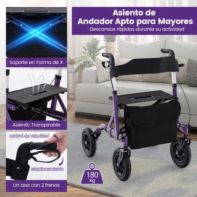Andarilho dobrável para adultos idosos com assento 24 cm Rodas pneumáticas todo-o-terreno Saco de arrumação Carga 160 kg Púrpura