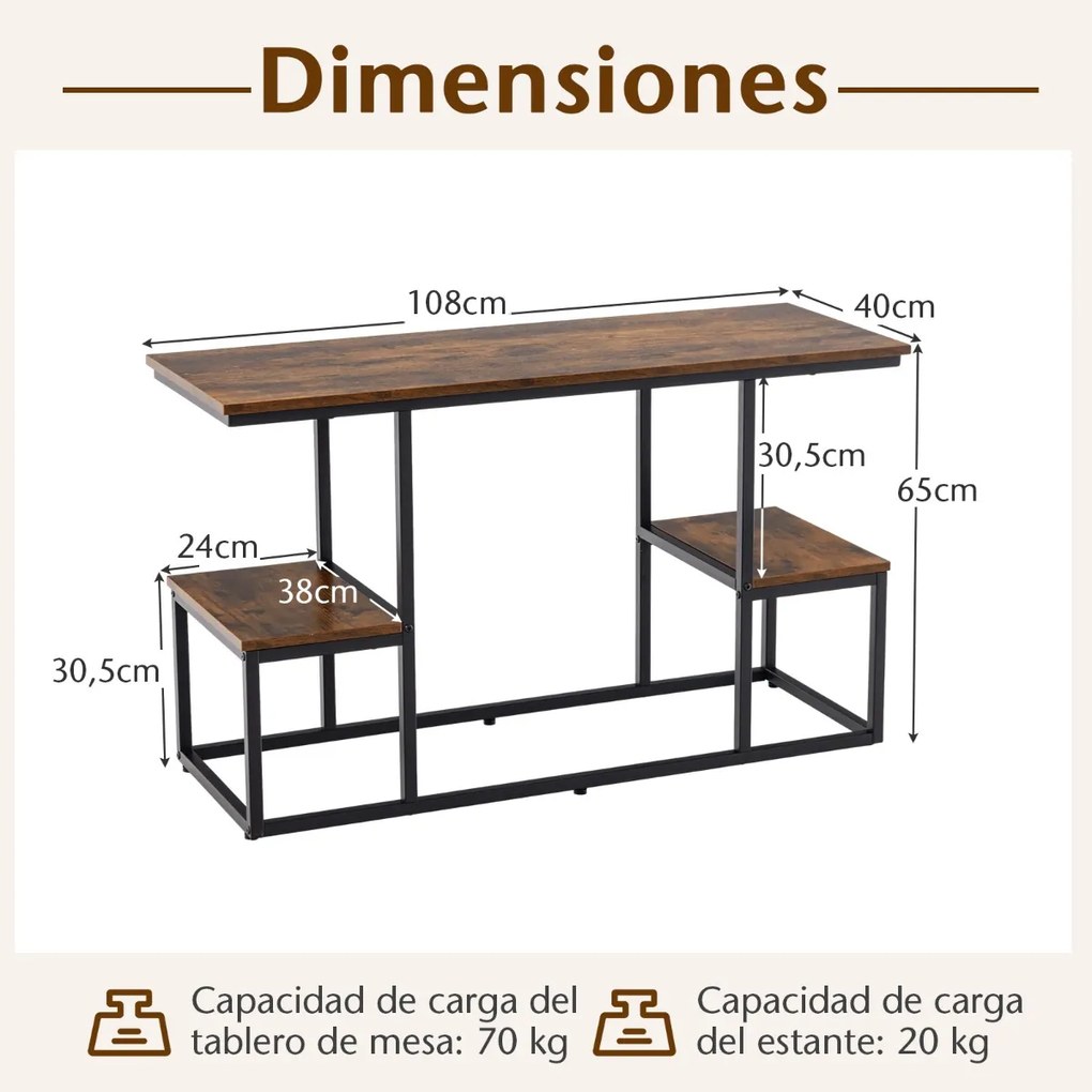 Mesa de consola, Mesa de sofá industrial com prateleiras de arrumação abertas Estante de 2 níveis Castanha
