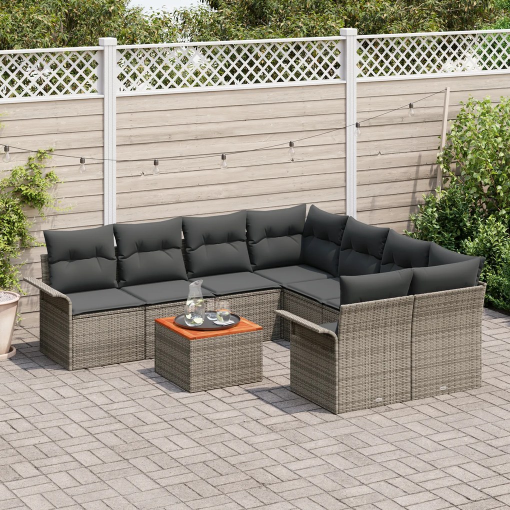 Conjunto de Sofá de Jardim vidaXL 9 Peças com Almofadas Cinza Rattan A