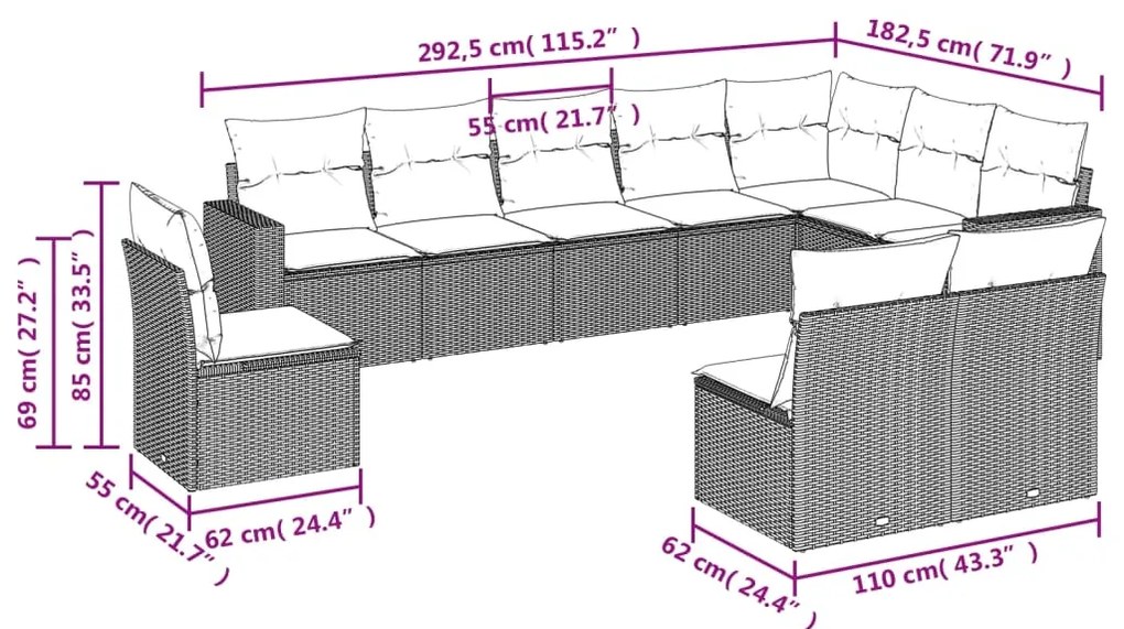 10 pcs conjunto de sofás p/ jardim com almofadões vime PE bege