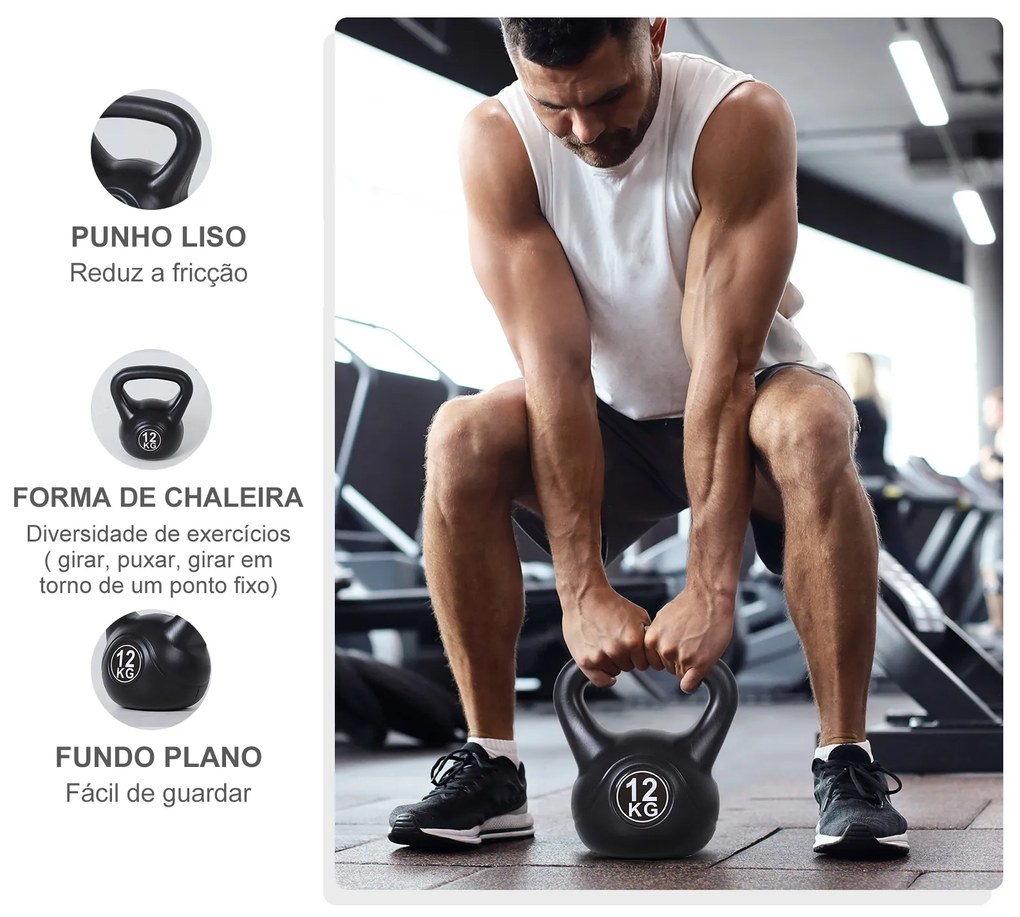 Peso Russo de 12 kg Kettlebell Preenchido de Areia com Punho Largo e Antiderrapante para Trenos em Casa e Ginásio 27x21x31 cm Preto