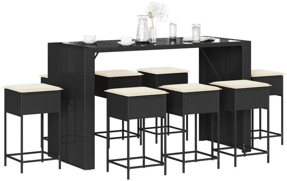 vidaXL 9 pcs conjunto de bar para jardim c/ almofadões vime PE preto