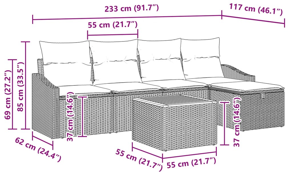 Conjunto de Sofá de Jardim com 6 Peças e Almofadas Cinza Rattan Poliet