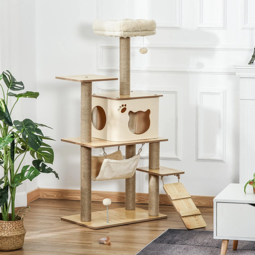 Árvore Arranhadora para Gatos Torre de Escalada com Plataformas Rede Escada Caverna Postes para Arranhar de Juta Bola Supensa e Descanso 60x40x130cm B