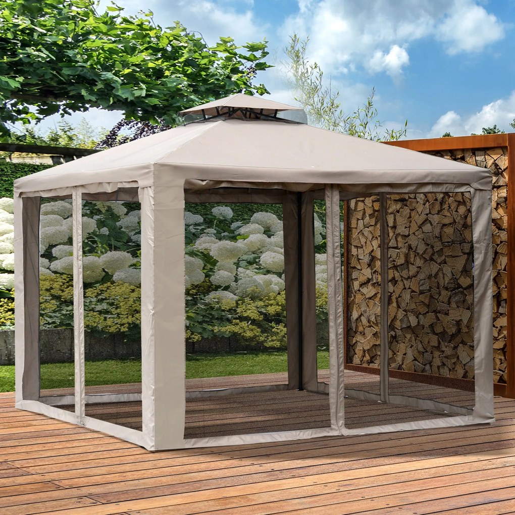 Outsunny Pérgola de Jardim 3x3m Pérgola de Exterior com Duplo Teto de Ventilação 8 Orifícios de Drenagem e 4 Telas Mosquiteiras com Fecho de Correr para Festas Pátio Marrom Cáqui