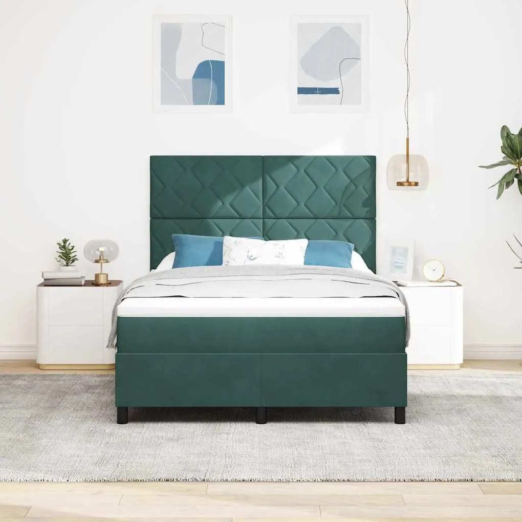 Cama Box Spring vidaXL com Colchão e LED Verde Escuro 140x200 cm Velud