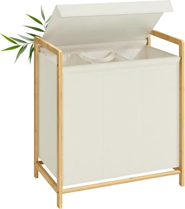 Cesto para roupa suja 150L 65 x 40 x 78 cm com estrutura em bambu e dois compartimentos creme