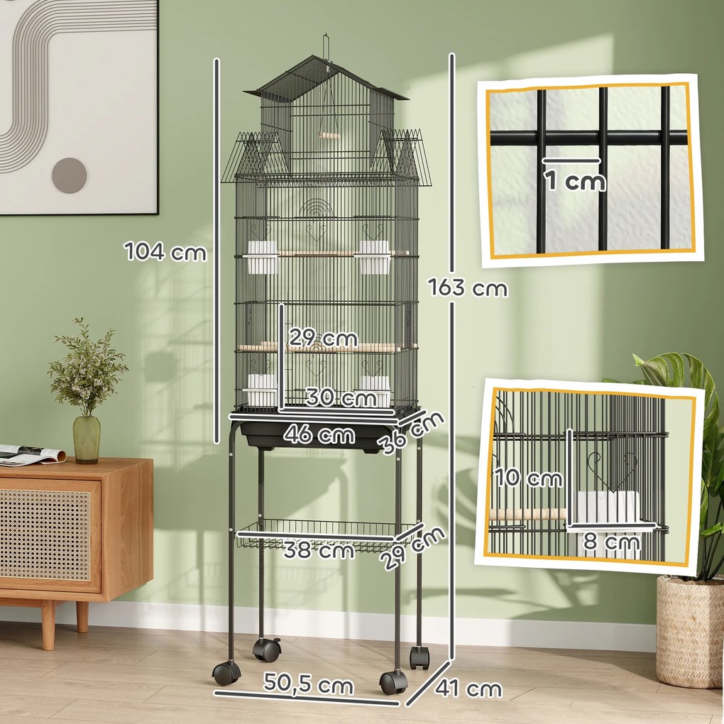 Gaiola de Metal para Pássaros com Bandeja Amovível Rodas 4 Comedouros 3 Poleiros e 1 Baloiço 50,5x41x163 cm Preto