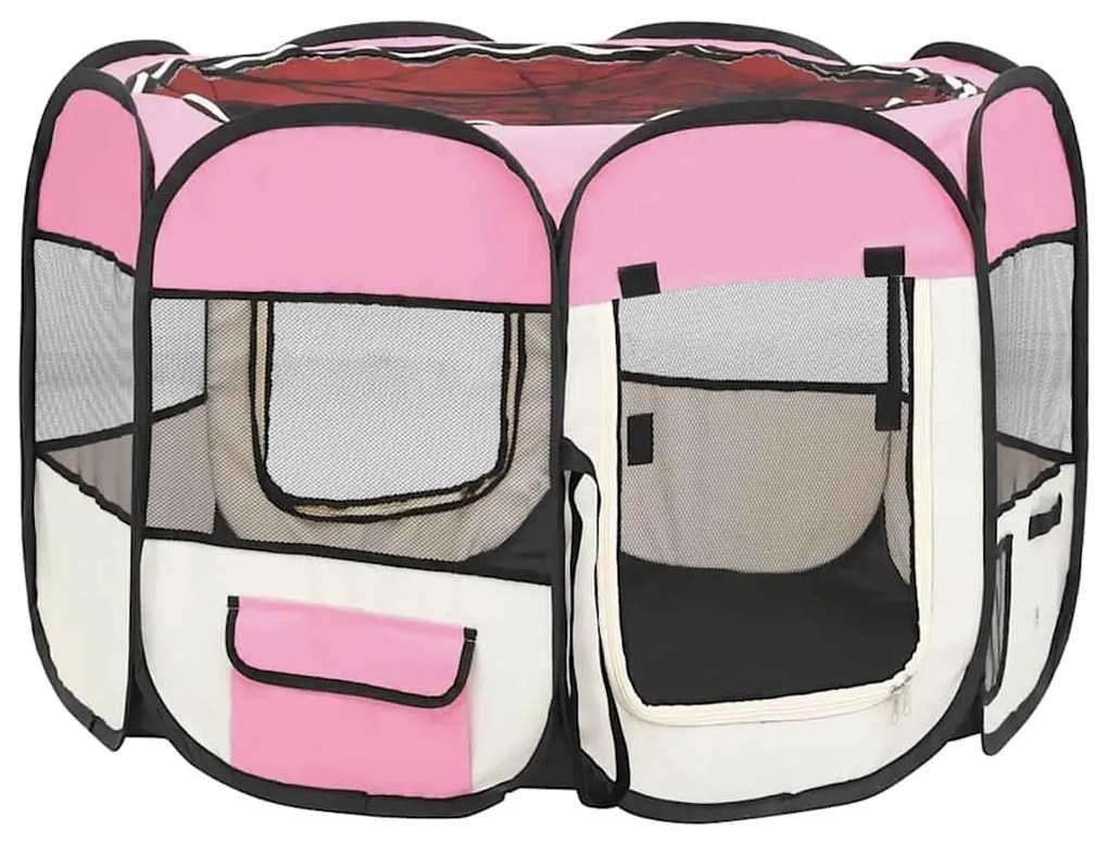 Parque dobrável p/ cão c/ saco de transporte 90x90x58 cm rosa