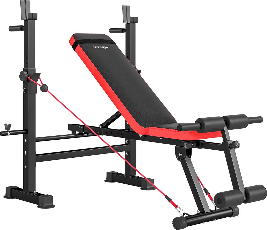 SPORTNOW Banco de Musculação Multifuncional Carga 300 kg Com Suporte para Barras e Encosto Ajustável 147x109x122 cm Preto | Aosom Portugal