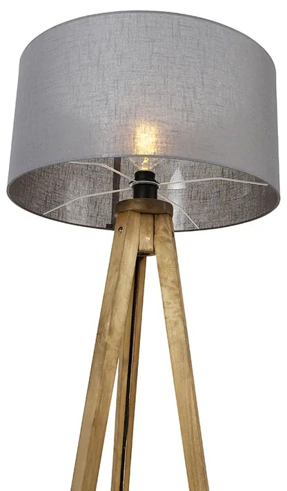 Candeeiro de pé rústico tripé vintage madeira com cúpula cinzento escuro 50 cm - Tripod Classic Rústico