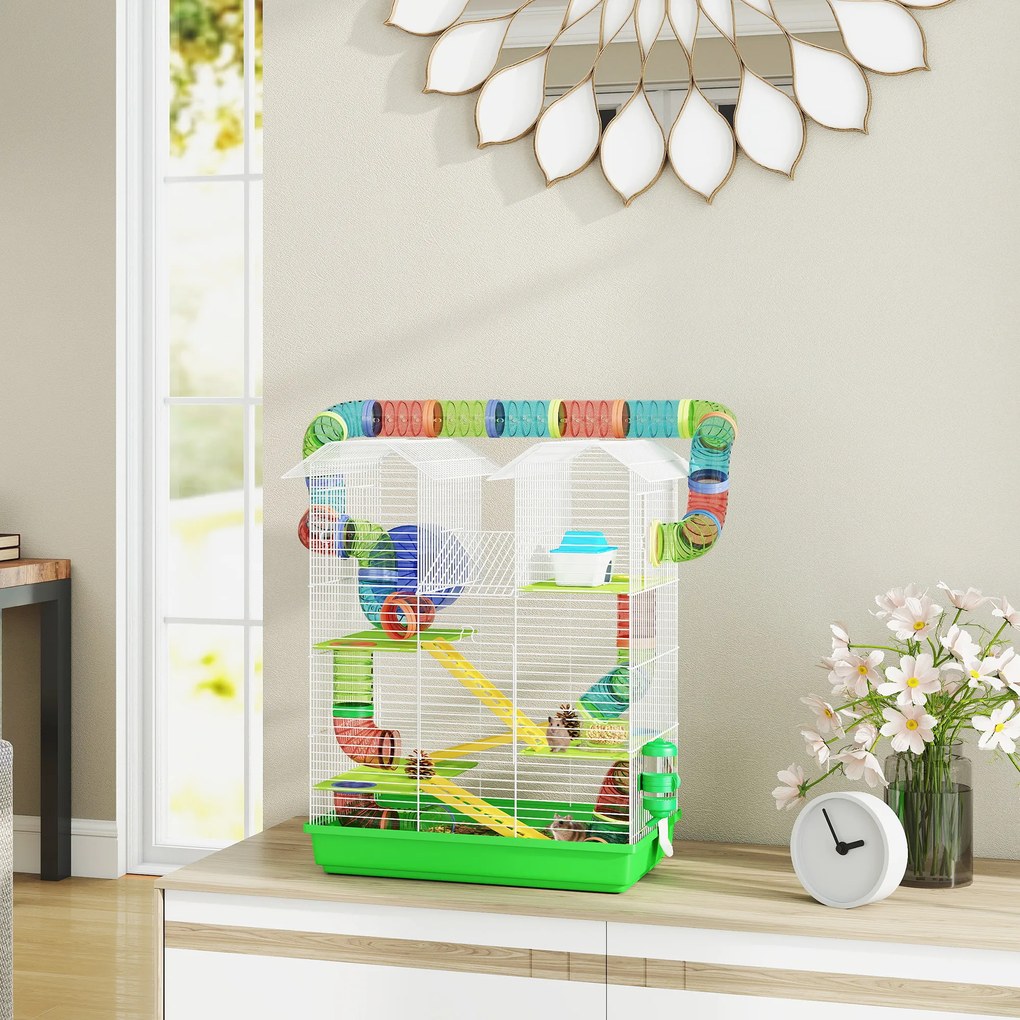 Gaiola para hamsters, ratos e pequenos roedores com túnel, comedouro, roda e brinquedo – 47 x 30 x 59 cm – verde