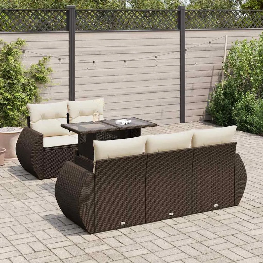 6 pcs conjunto de sofás jardim c/ almofadões vime PE castanho
