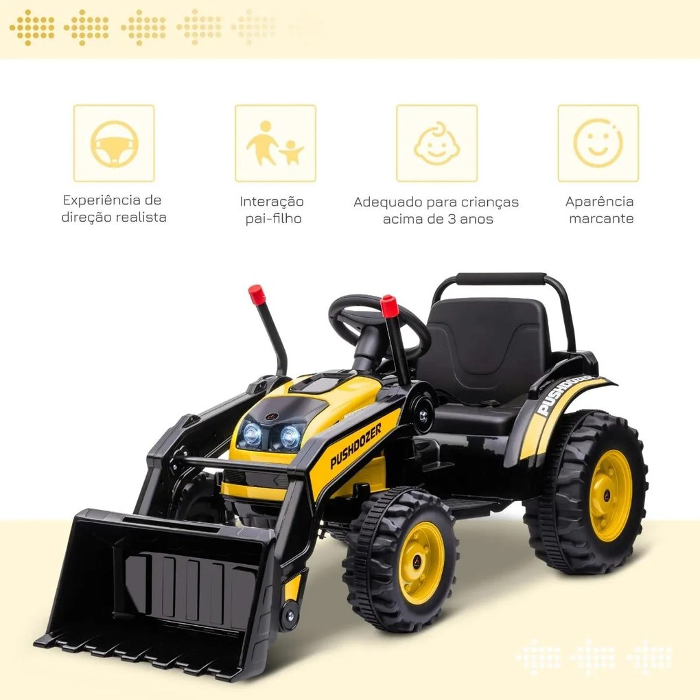 Trator Escavadora Elétrica para Crianças acima de 3 Anos Veículo Infantil com Pá Bateria 6V Música e Luzes 132x62x65 cm Preto e Amarelo