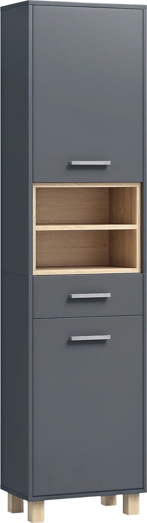 Coluna de casa de banho, móvel de arrumação para casa de banho com 2 armários, uma gaveta e 2 compartimentos abertos, cinzento