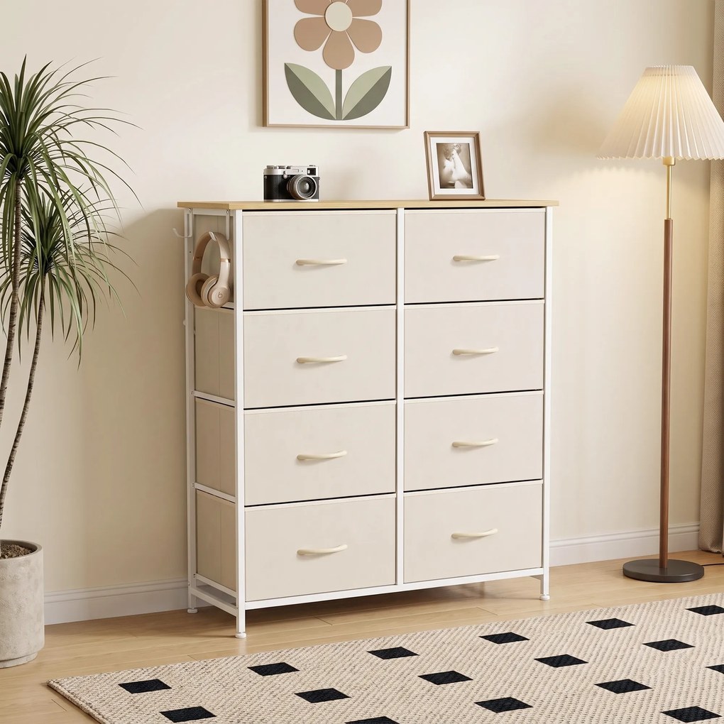 Movel gavetas 80L x 30P x 94.5A cm com 8 Gavetas em Tecido, Estrutura em Aço, Bege