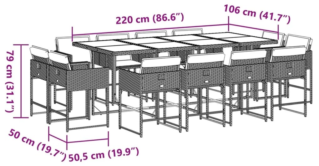 13 pcs conj. jantar jardim c/ almofadões vime PE cinzento-claro