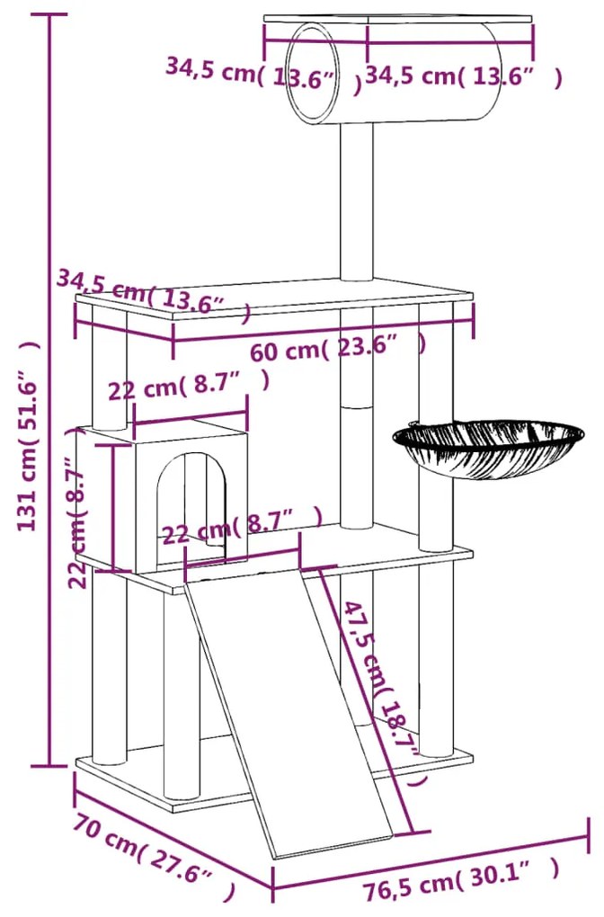 Árvore p/ gatos c/ postes arranhadores sisal 131 cm cinza-claro