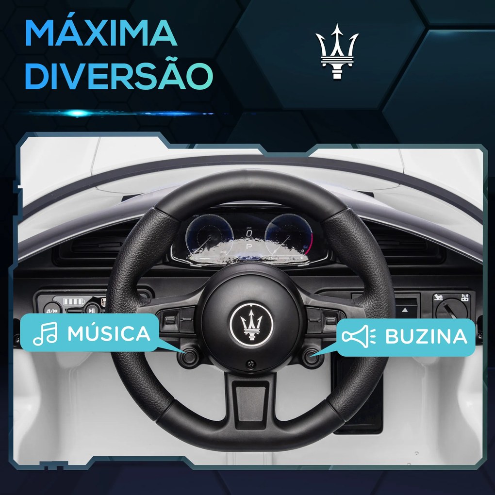 Carro Elétrico para Crianças com Licença Maserati MC20 com Bateria 12V Controlo Remoto Farois Buzina e Música 105x65,5x42 cm Branco