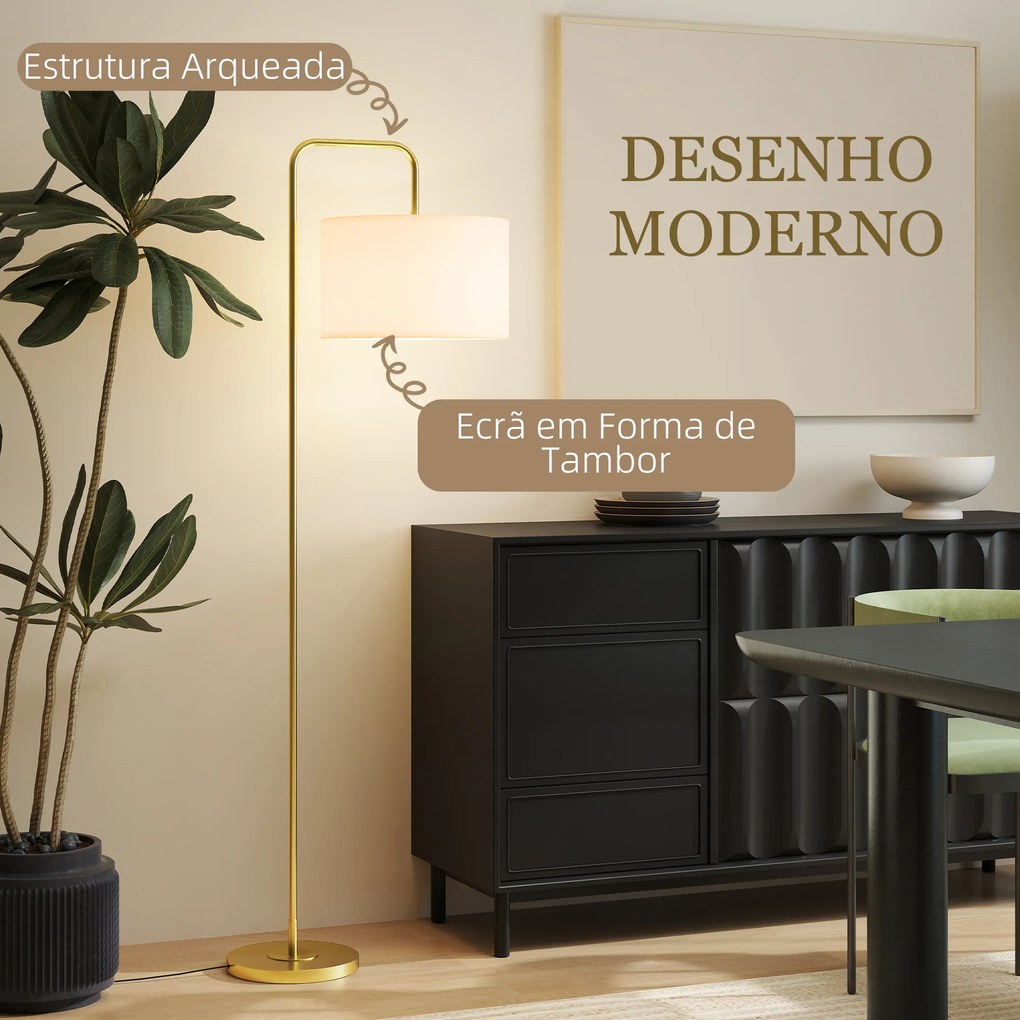 Candeeiro de Pé Moderno Lâmpada E27 Máx. 40W com Ecrã de Linho e Interruptor de Pé 64x38x163,5 cm Branco e Dourado