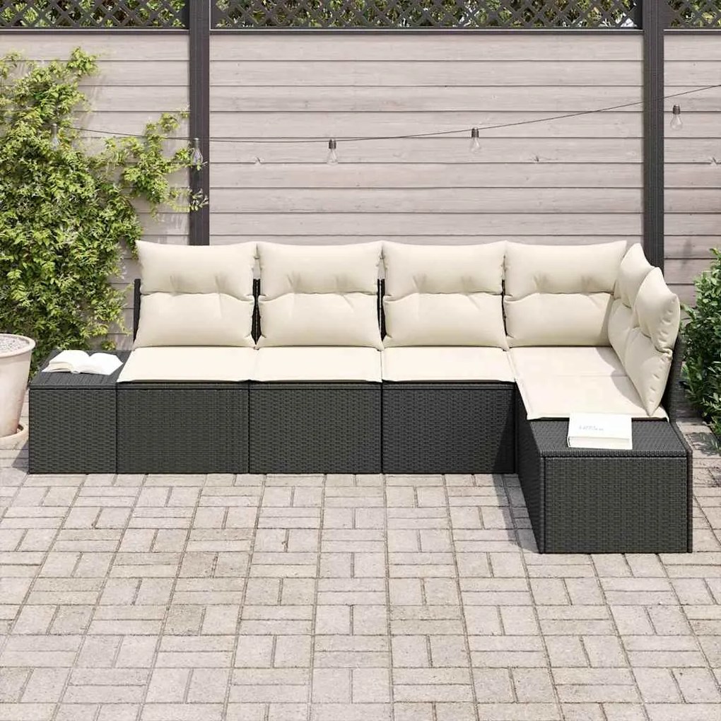 Conjunto de Sofá de Jardim em 5 Peças com Almofadas de Rattan Preto
