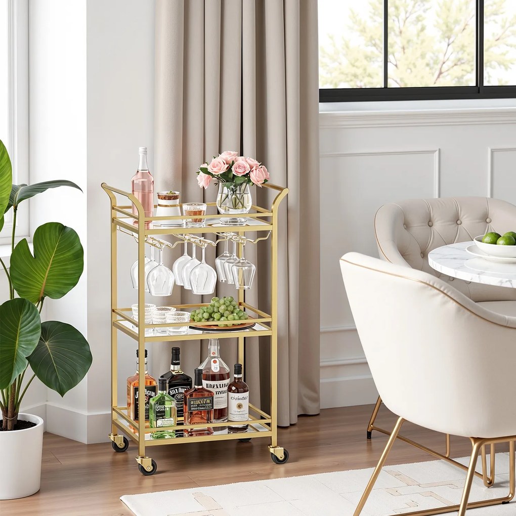 Carrinho de serviço bar com garrafeira com 3 níveis, com rodas 30 x 46,8 x 92 cm dourado