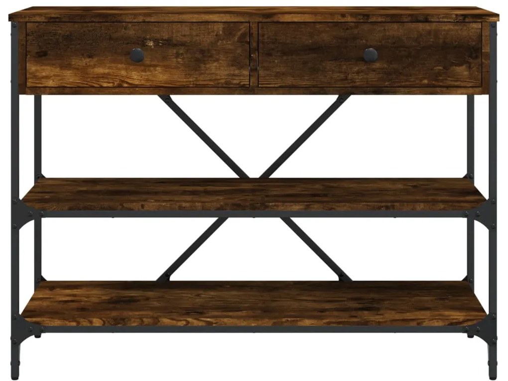 Mesa consola gavetas/prateleiras deriv. madeira carvalho fumado