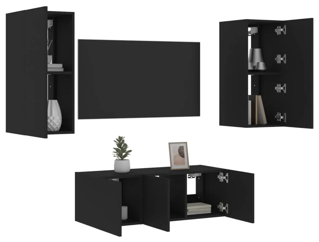 vidaXL 4 pcs móveis de parede p/ TV c/ LEDs derivados de madeira preto