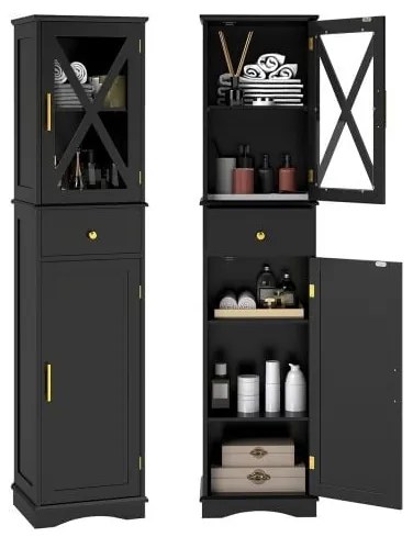 Armário de banheiro alto com gaveta, 2 portas e 3 prateleiras ajustáveis ​​- branco