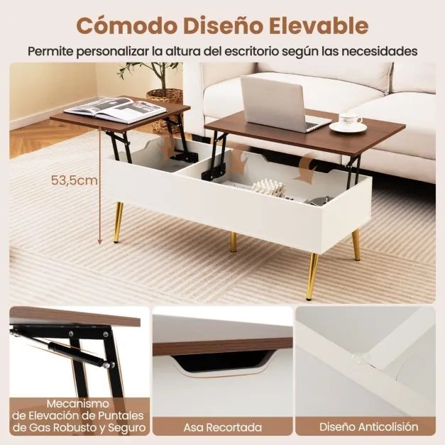 Mesa de centro moderna elevável com 2 compartimentos de armazenamento ocultos 111 x 48 x 40-53,5 cm Branco e cor nogueira
