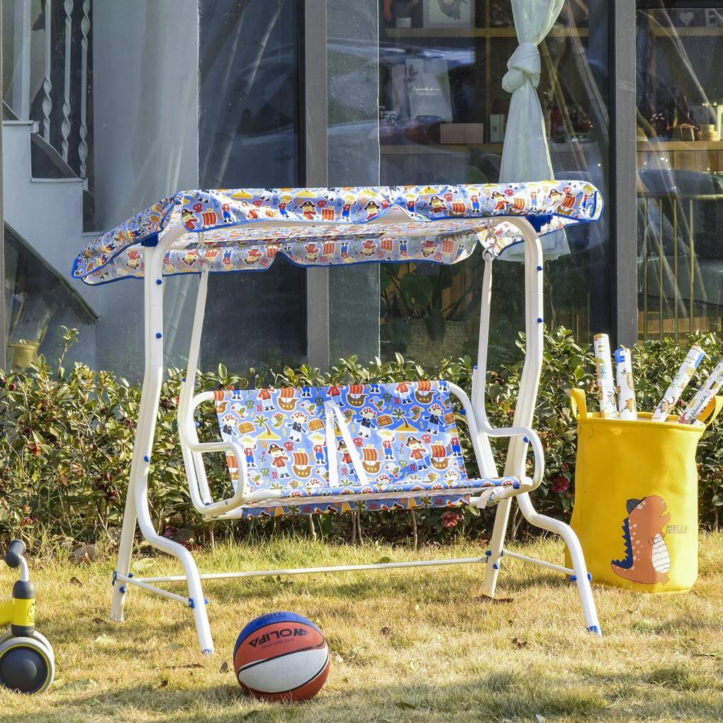 Baloiço de jardim infantil acima de 3 anos de 2 lugares com toldo ajustável em ângulo e cintos de segurança ao ar livre 110x70x110 cm azul