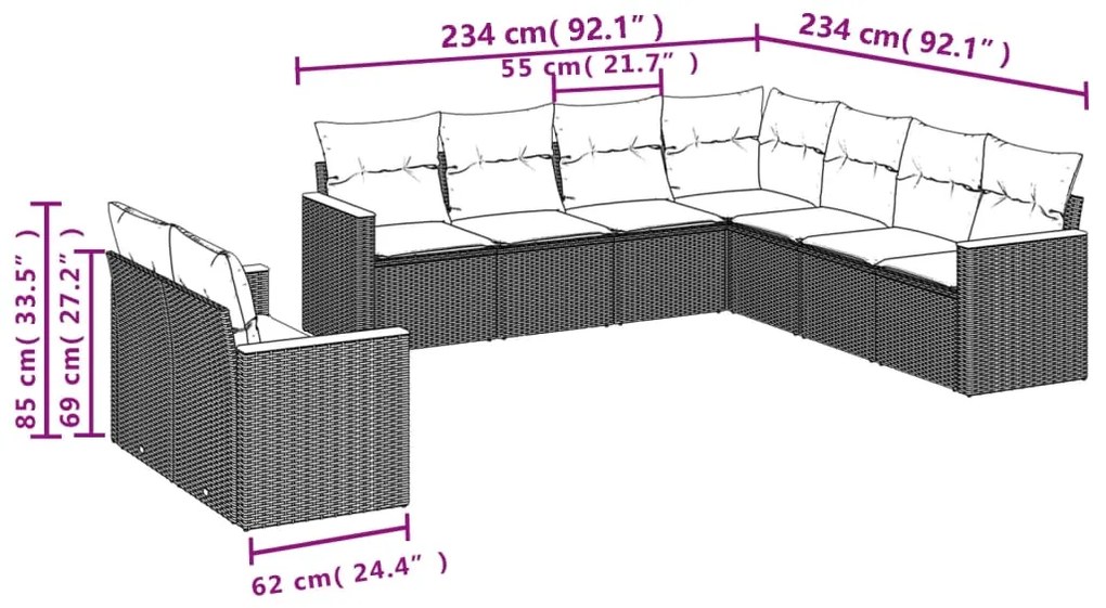 9 pcs conjunto de sofás p/ jardim c/ almofadões vime PE preto