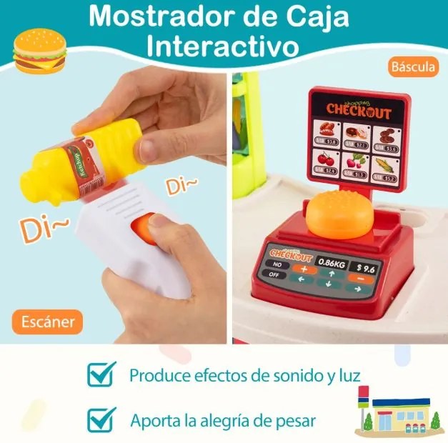 Conjunto de supermercado para crianças com carrinho de compras, balança e scanner com luz e som, 76 peças de alimentos e acessórios, jogo de encenação