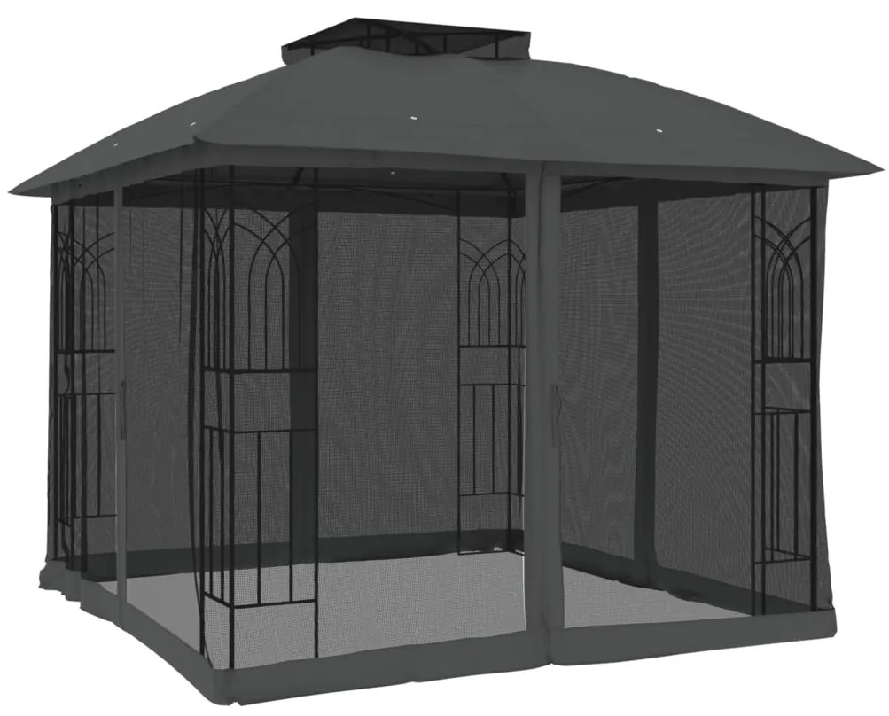 Gazebo c/ teto duplo/paredes de malha 2,94x2,94 m aço antracite
