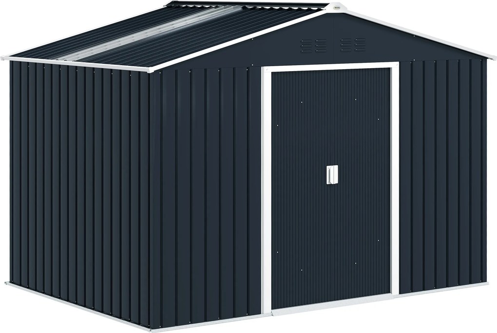 Outsunny Abrigo de Jardim 4,9 m² 277x195x192 cm com 2 Portas Deslizantes Base Reforçada (Chão NÃO Incluído) Cinzento Escuro | Aosom Portugal