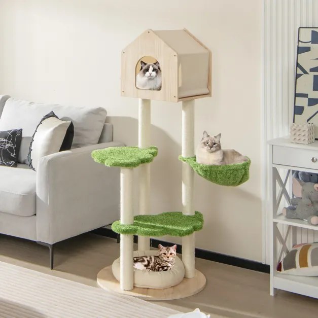 Arranhador para gatos Altura 139 cm com arranhadores de sisal Arranhadores de sisal Plataformas de salto Poleiro e rede Torre para gatos em madeira Ve