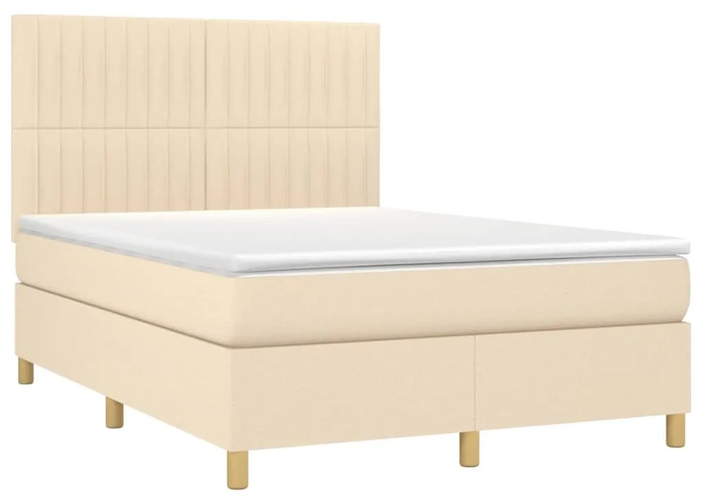 Cama box spring c/ colchão e LED 140x200 cm tecido cor creme