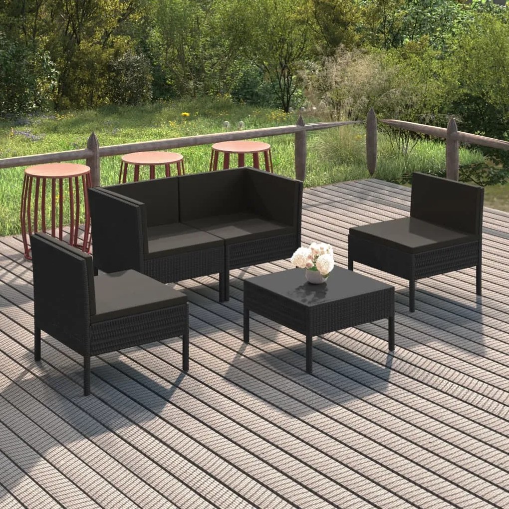vidaXL 5 pcs conjunto lounge de jardim c/ almofadões vime PE preto