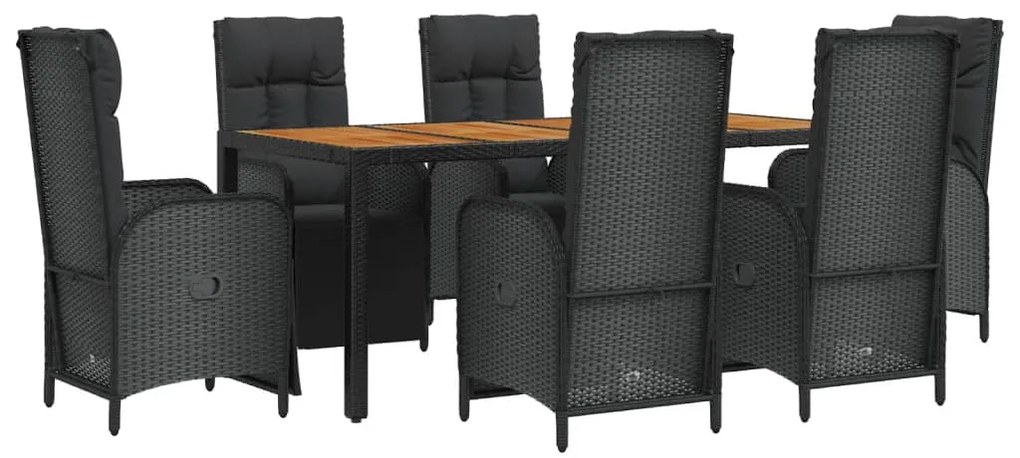 7 pcs conjunto de jantar p/ jardim c/ almofadões vime PE preto