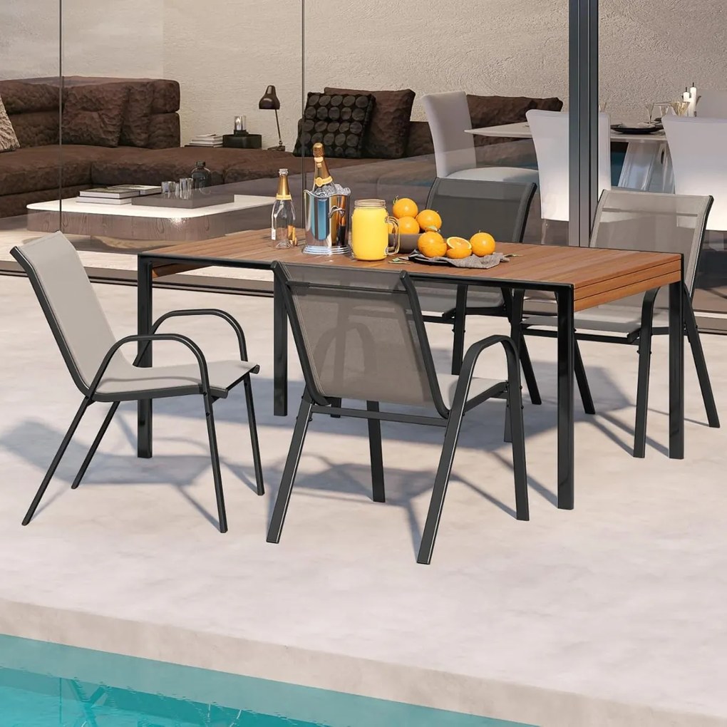 Conjunto de 4 cadeiras de jardim empilháveis (MESA NÃO INCLUIDA) com apoios de braços, encostos em metal e tecido, 56 x 70 x 84 cm Cinzento
