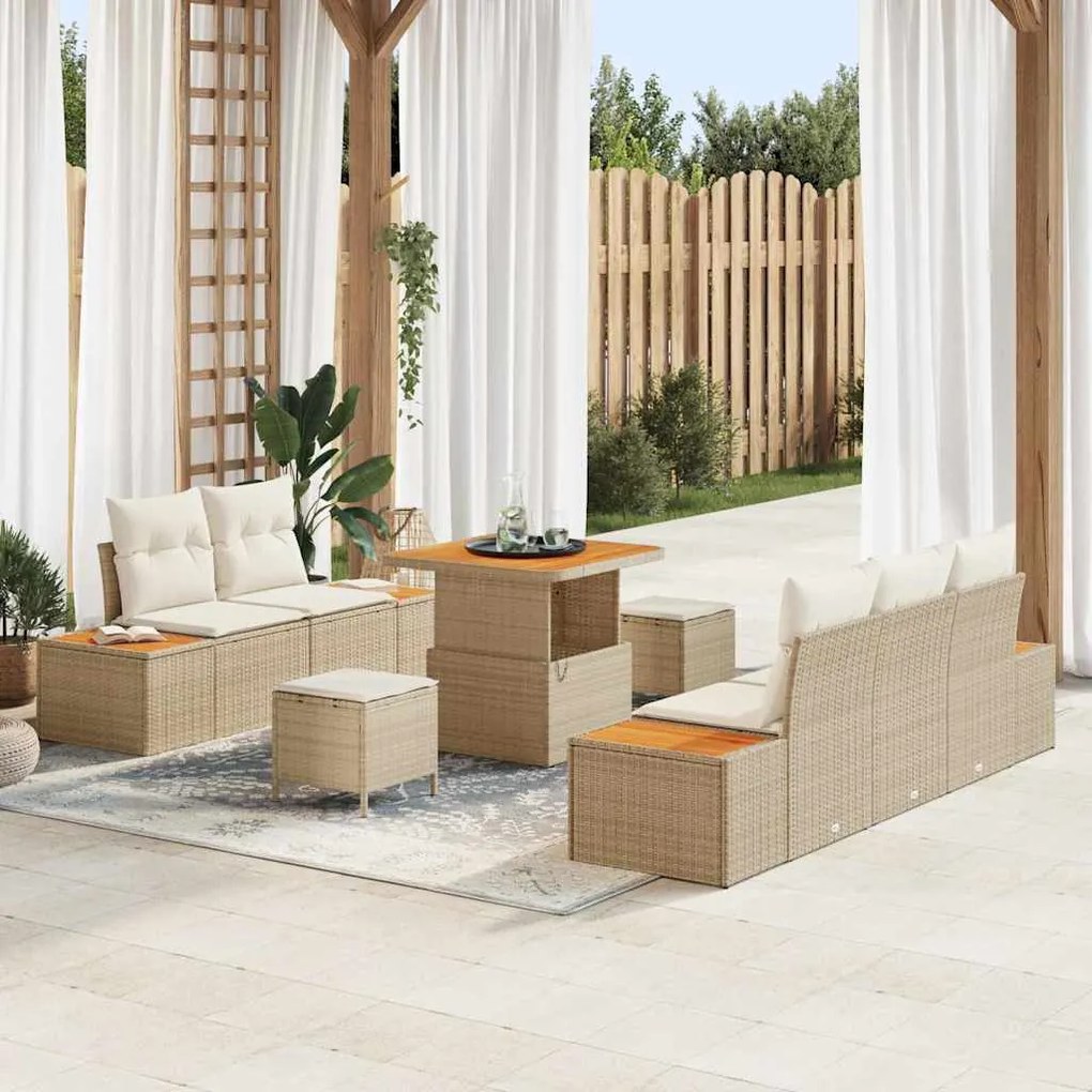 vidaXL Conjunto de Sofá de Jardim de 8 Peças com Almofadas Bege de Polyrattan e Acácia