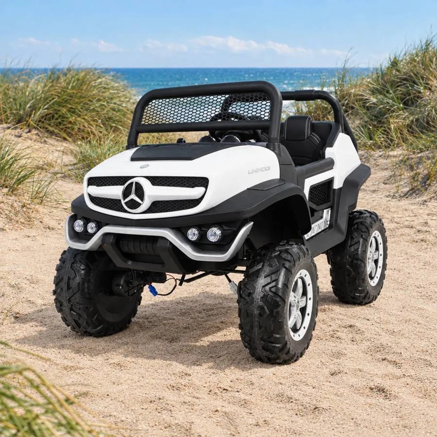 Carro elétrico para Crianças 2 Lugares Mercedes BENZ UNIMOG 12V 4x4 Rodas Espuma EVA, Assento couro ecológico Branco
