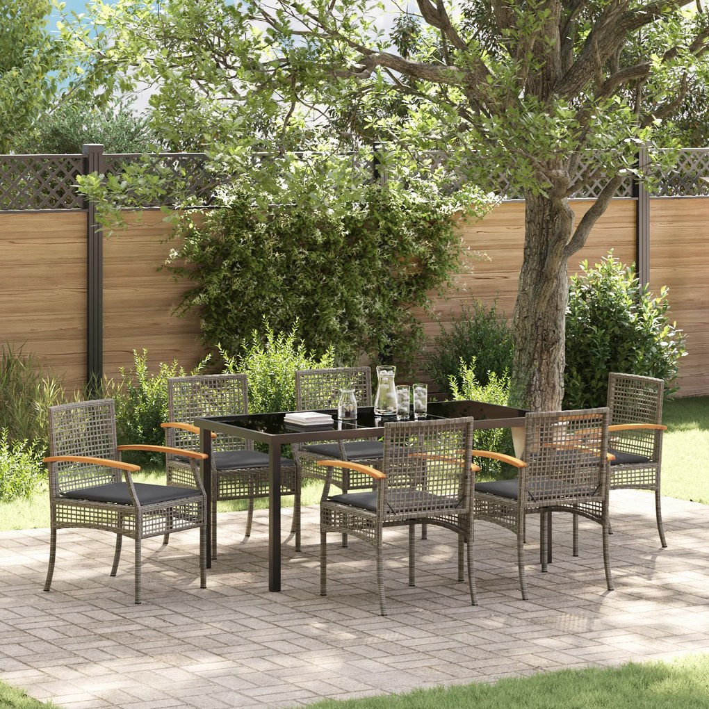 Conjunto de Jantar de Jardim 7 Peças com Almofadas Cinza Vime Poliéste