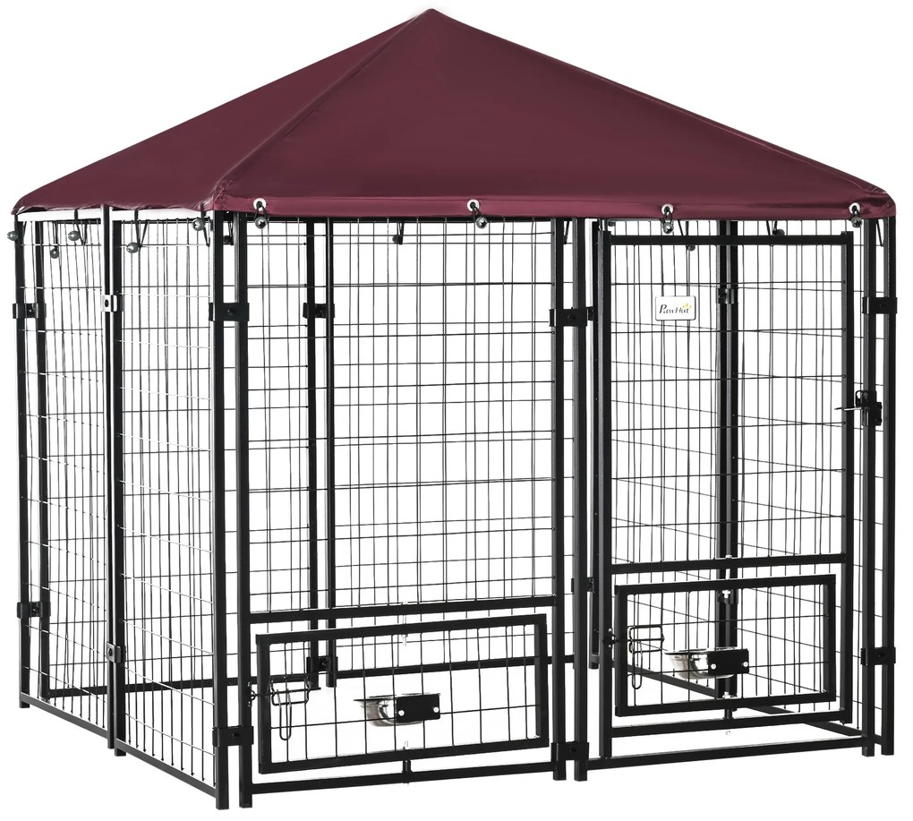 PawHut Parque para Cães com 8 Painéis 2 Suportes Giratórios para Comida 2 Tigelas e Toldo Impermeável 141x141x153 cm Preto e Vermelho