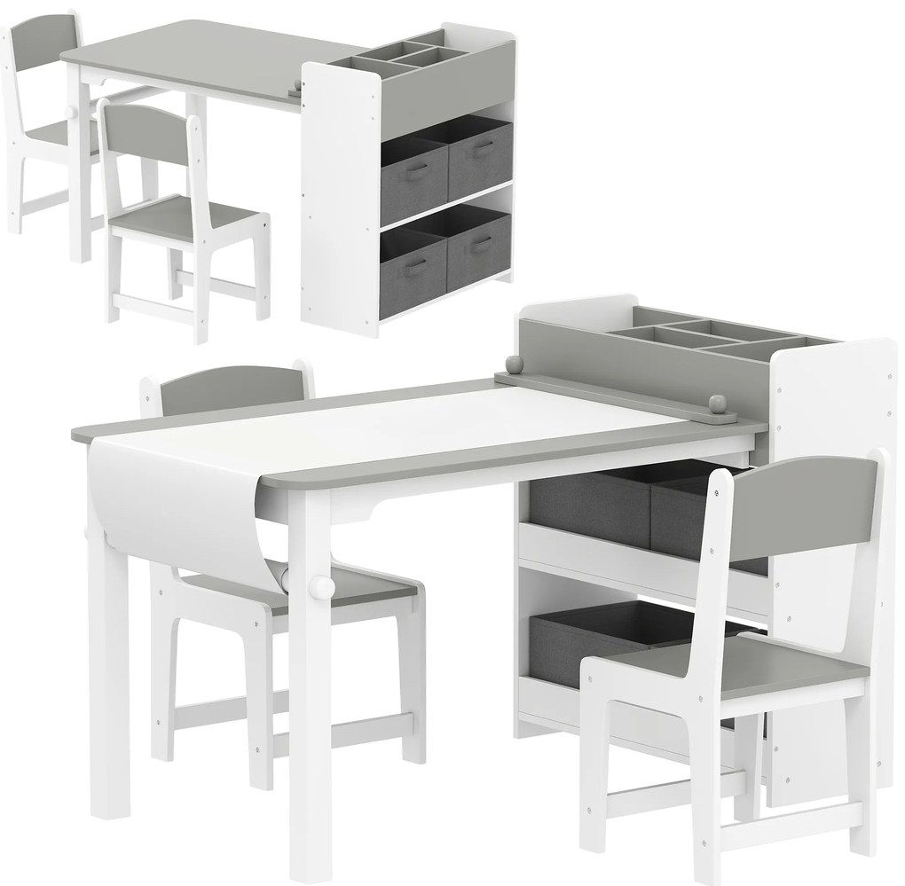 AIYAPLAY Conjunto mesa e 2 cadeiras infantil em madeira com rolo de papel, prateleiras e gavetas, para menina menino 3-8 anos, cinza | Aosom Portugal