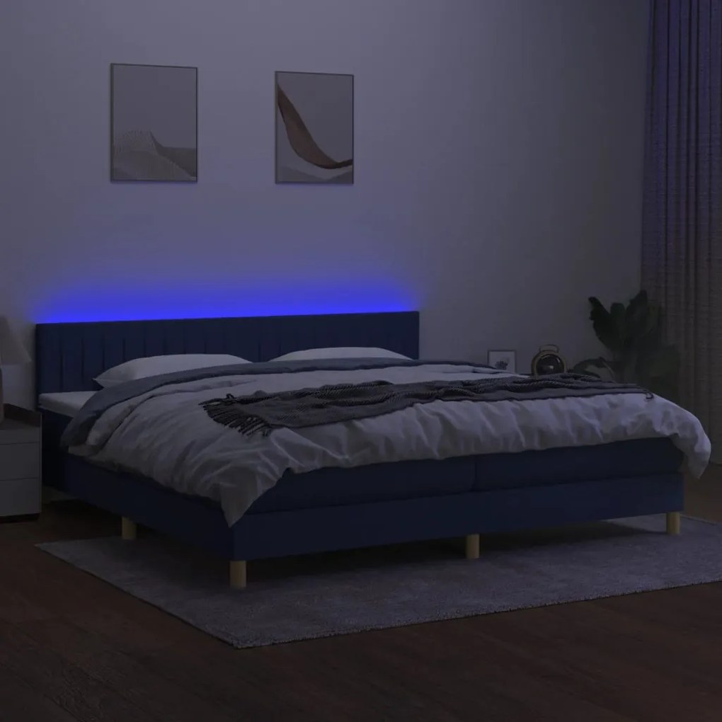 Cama box spring c/ colchão e LED 200x200 cm tecido azul