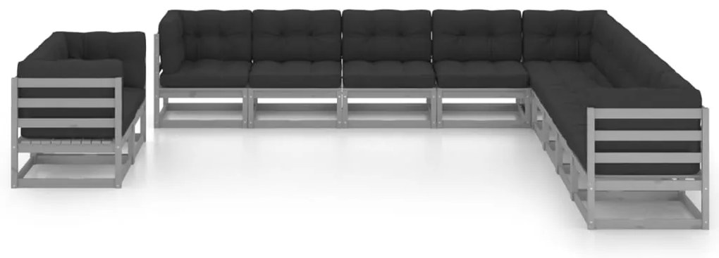 11 pcs conj. lounge jardim c/ almofadões pinho maciço cinzento