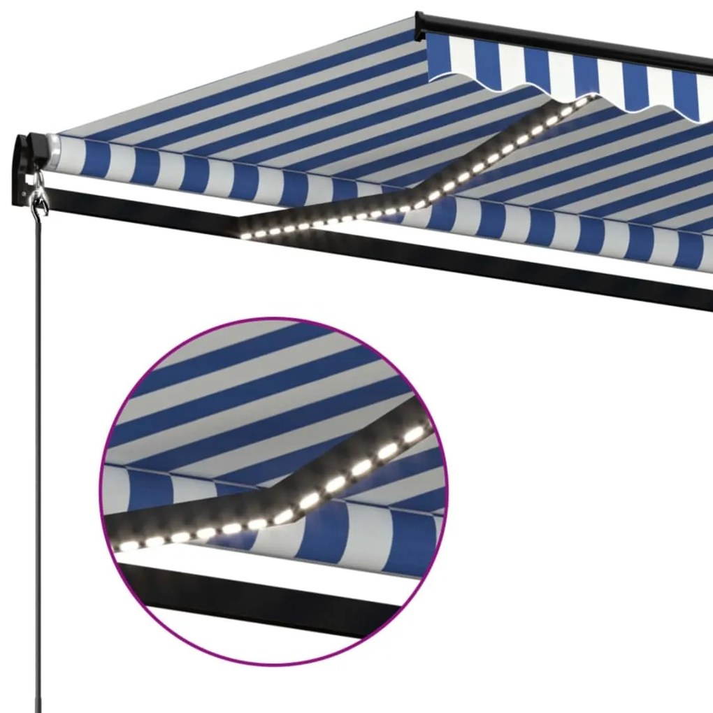 Toldo retrátil manual com LED 400x350 cm azul e branco